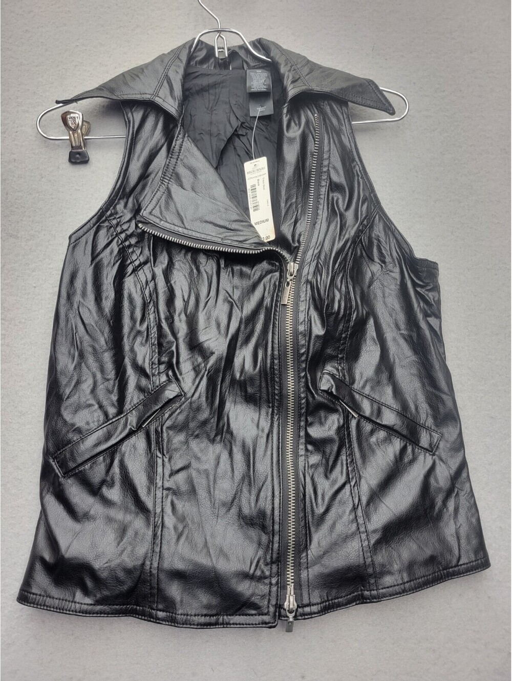 Bisou Bisou Women's Vest Medium Black Biker Short Zipped Pockets Lapel Asym